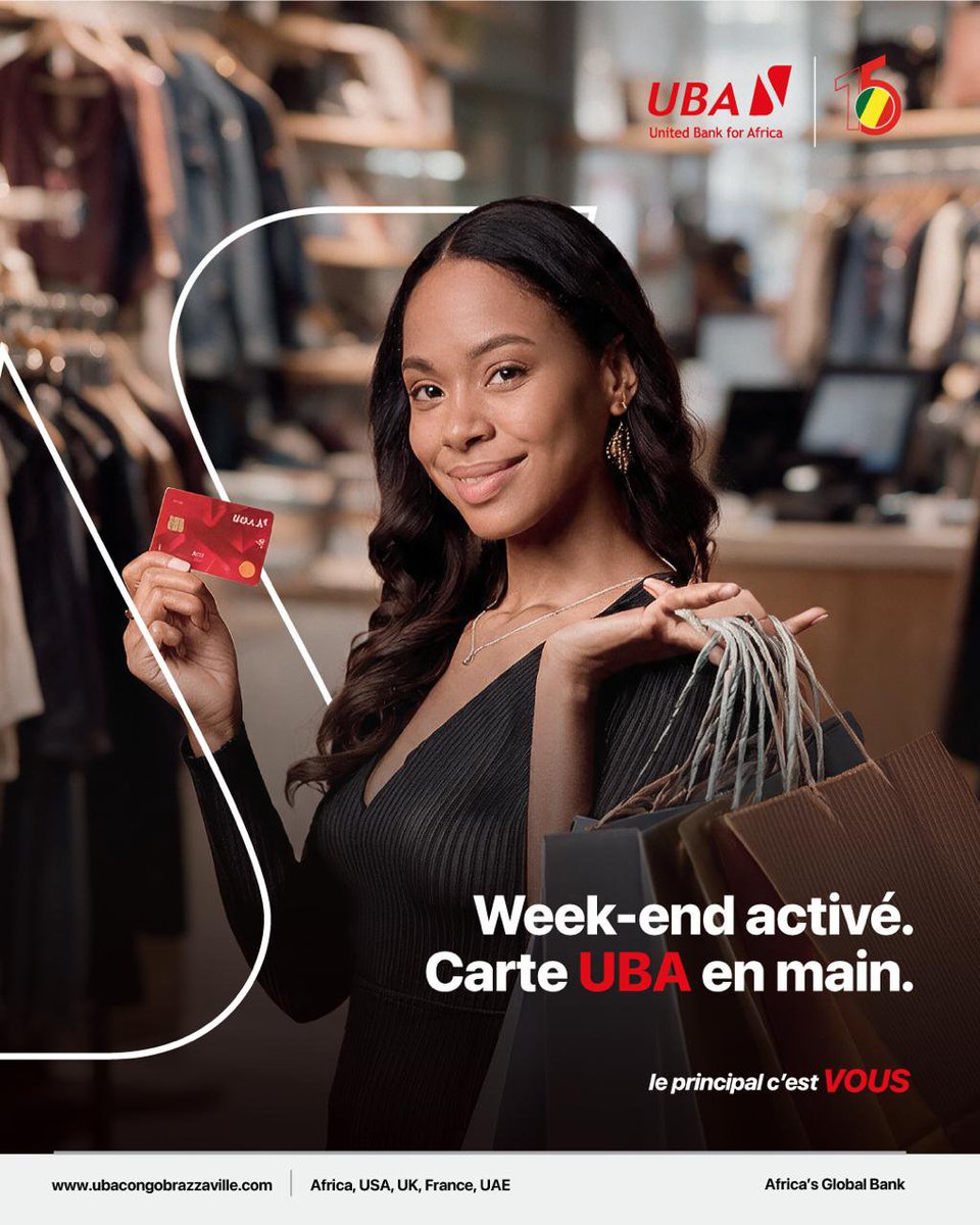 UBACongo's tweet photo. 😎 Mode week-end : ACTIVÉ ! 

Carte UBA en main, l’esprit léger et les projets en tête. 

Profitez de votre week-end et laissez votre carte UBA vous accompagner partout où vous allez. 

Bon week-end avec UBA ! 

#UBACongo #AfricasGlobalBank #Weekend #CarteUBA https://t.co/UVwmVbEEAI