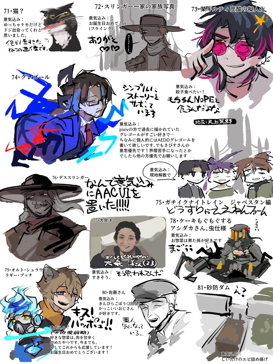 7188757_'s tweet photo. 誕生日だからフォームに送られてきたモンだいたい全部描く
41～81
これで全部です！フォームへのご回答および祝福の言葉もありがとうございました。 https://t.co/UzS09T3f4A
