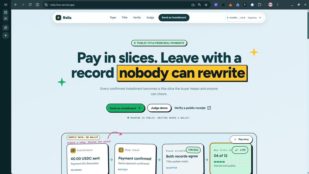 Daveilorah's tweet photo. I built Relia with my teammate @bahago_json .

Relia turns installment payments into public title progress.

A buyer pays on Sepolia.
The shop acknowledges the exact payment.
Attestcoin proves both finalized facts.
Creditcoin updates the title slice.

No screenshots.
No private ledger.
No bridged payment funds.

Each asset has 12 slices.
Each valid payment + acknowledgement fills one slice.
If the shop stays silent, the payment is still visible and the slice becomes disputed instead of being rewritten as a missed payment.

We shipped:
- live Sepolia wallet flow
- shop acknowledgement flow
- Creditcoin title record
- public receipt verification
- judge evidence page
- 56 passing contract tests
- clear failure states like underpaid, wrong ack, closed window, reused payment

Relia is for hire-purchase and pay-over-time ownership where the buyer needs a record that survives beyond one shop’s database.

Live app:
https://t.co/7BCkGCvNkf

@Creditcoin 

#Creditcoin #RWA #Web3 #Hackathon #BuildInPublic