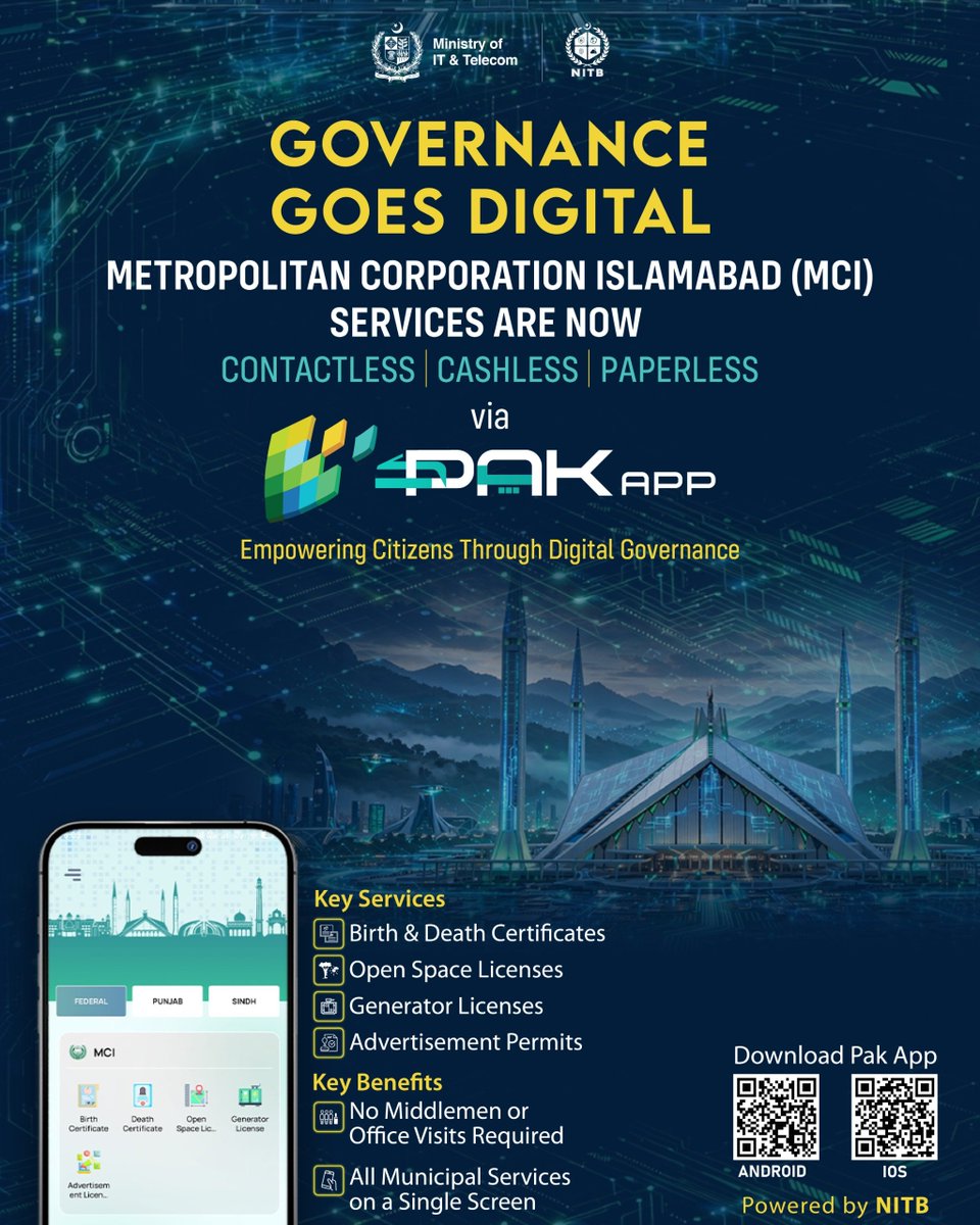 NationalITBoard's tweet photo. #MetropolitanCorporationIslamabad (MCI) services are now #Cashless, #Paperless & #Contactless via #PAKAPP powered by #NITB. Access Birth/Death Certificates, Licenses & Permits, all on one screen, with no middlemen or office visits. https://t.co/D8kdljImnH