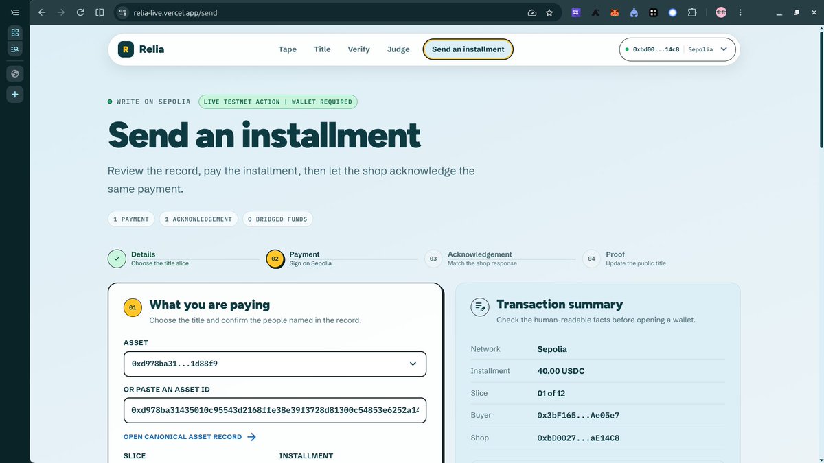 Daveilorah's tweet photo. I built Relia with my teammate @bahago_json .

Relia turns installment payments into public title progress.

A buyer pays on Sepolia.
The shop acknowledges the exact payment.
Attestcoin proves both finalized facts.
Creditcoin updates the title slice.

No screenshots.
No private ledger.
No bridged payment funds.

Each asset has 12 slices.
Each valid payment + acknowledgement fills one slice.
If the shop stays silent, the payment is still visible and the slice becomes disputed instead of being rewritten as a missed payment.

We shipped:
- live Sepolia wallet flow
- shop acknowledgement flow
- Creditcoin title record
- public receipt verification
- judge evidence page
- 56 passing contract tests
- clear failure states like underpaid, wrong ack, closed window, reused payment

Relia is for hire-purchase and pay-over-time ownership where the buyer needs a record that survives beyond one shop’s database.

Live app:
https://t.co/7BCkGCvNkf

@Creditcoin 

#Creditcoin #RWA #Web3 #Hackathon #BuildInPublic