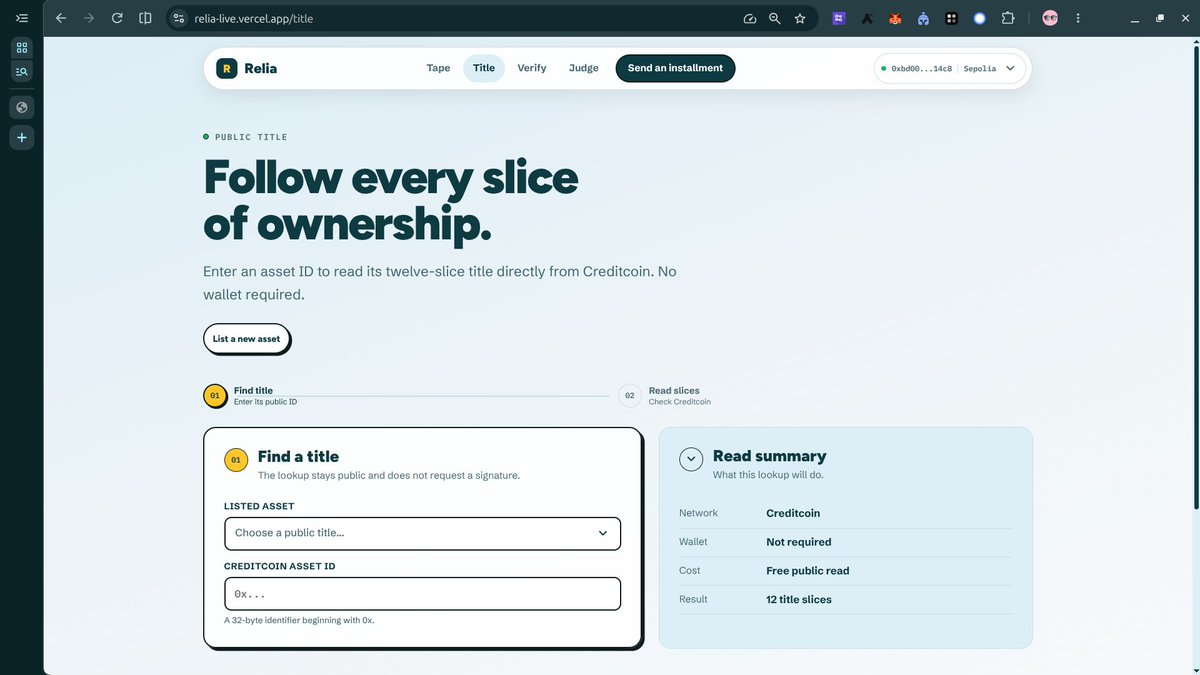 Daveilorah's tweet photo. I built Relia with my teammate @bahago_json .

Relia turns installment payments into public title progress.

A buyer pays on Sepolia.
The shop acknowledges the exact payment.
Attestcoin proves both finalized facts.
Creditcoin updates the title slice.

No screenshots.
No private ledger.
No bridged payment funds.

Each asset has 12 slices.
Each valid payment + acknowledgement fills one slice.
If the shop stays silent, the payment is still visible and the slice becomes disputed instead of being rewritten as a missed payment.

We shipped:
- live Sepolia wallet flow
- shop acknowledgement flow
- Creditcoin title record
- public receipt verification
- judge evidence page
- 56 passing contract tests
- clear failure states like underpaid, wrong ack, closed window, reused payment

Relia is for hire-purchase and pay-over-time ownership where the buyer needs a record that survives beyond one shop’s database.

Live app:
https://t.co/7BCkGCvNkf

@Creditcoin 

#Creditcoin #RWA #Web3 #Hackathon #BuildInPublic