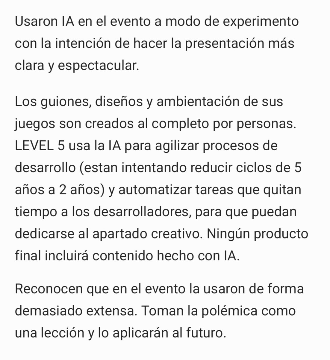 Luke_Leaker's tweet photo. 🚨 LEVEL 5 SE PRONUNCIA SOBRE LA POLÉMICA DE LA IA

Creo que es un buen punto de partida, aunque la percepción de la compañía está por los suelos (y con razón)

Lo que más pena da es que el verdadero trabajo humano quede opacado por esta vergonzosa obsesión de Hino con la IA... https://t.co/9Her2VRFTe