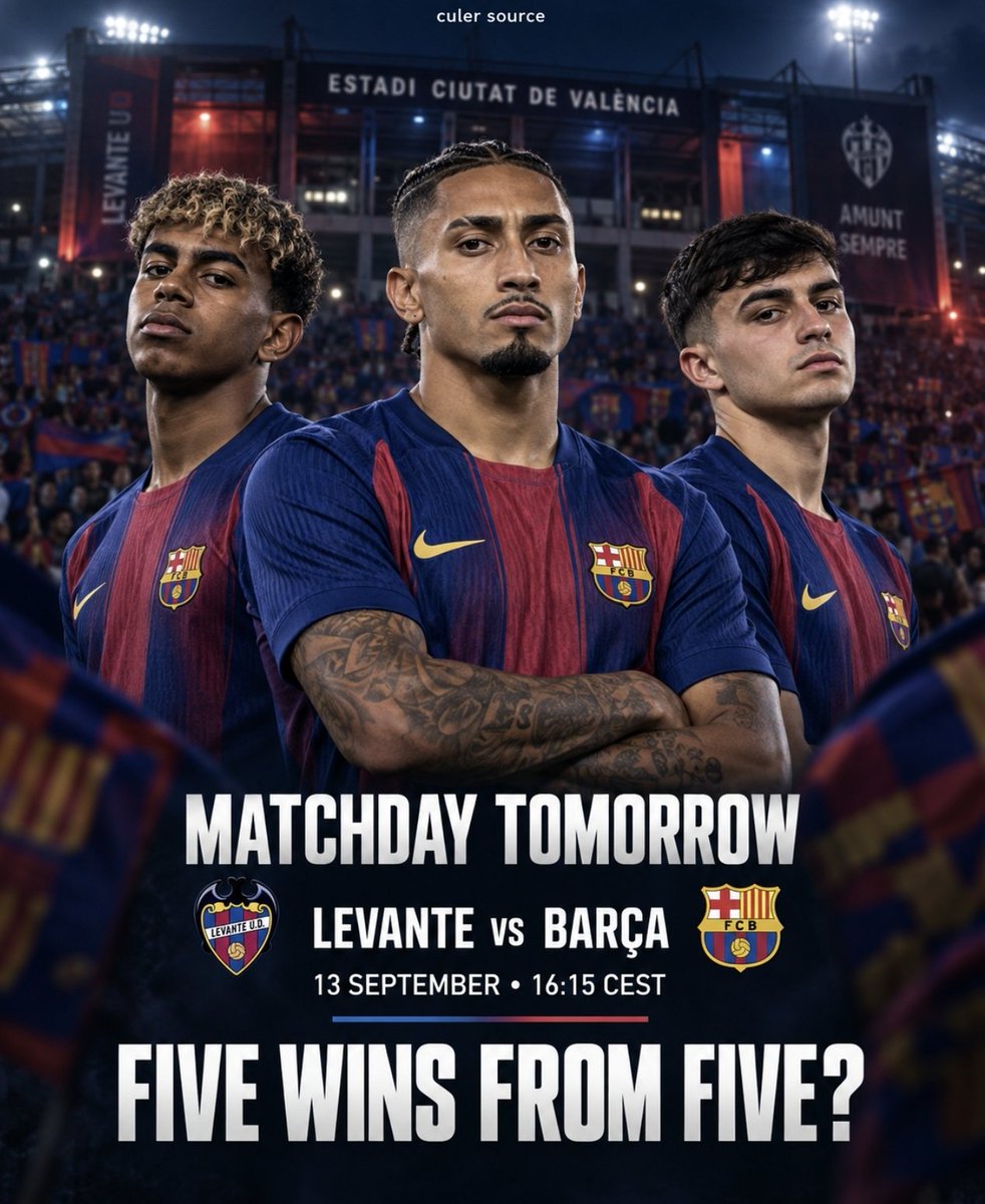 culersource's tweet photo. Next stop: Valencia. 🔵🔴

Barça face Levante tomorrow looking to continue their perfect LaLiga start and make it five wins from five.

🏆 LaLiga — Matchday 5
🆚 Levante
🏟️ Ciutat de València
🕒 16:15 CEST | 15:15 Portugal

Your score prediction? 👀

#FCBarcelona #Barça #LevanteBarça #LaLiga #CulerSource