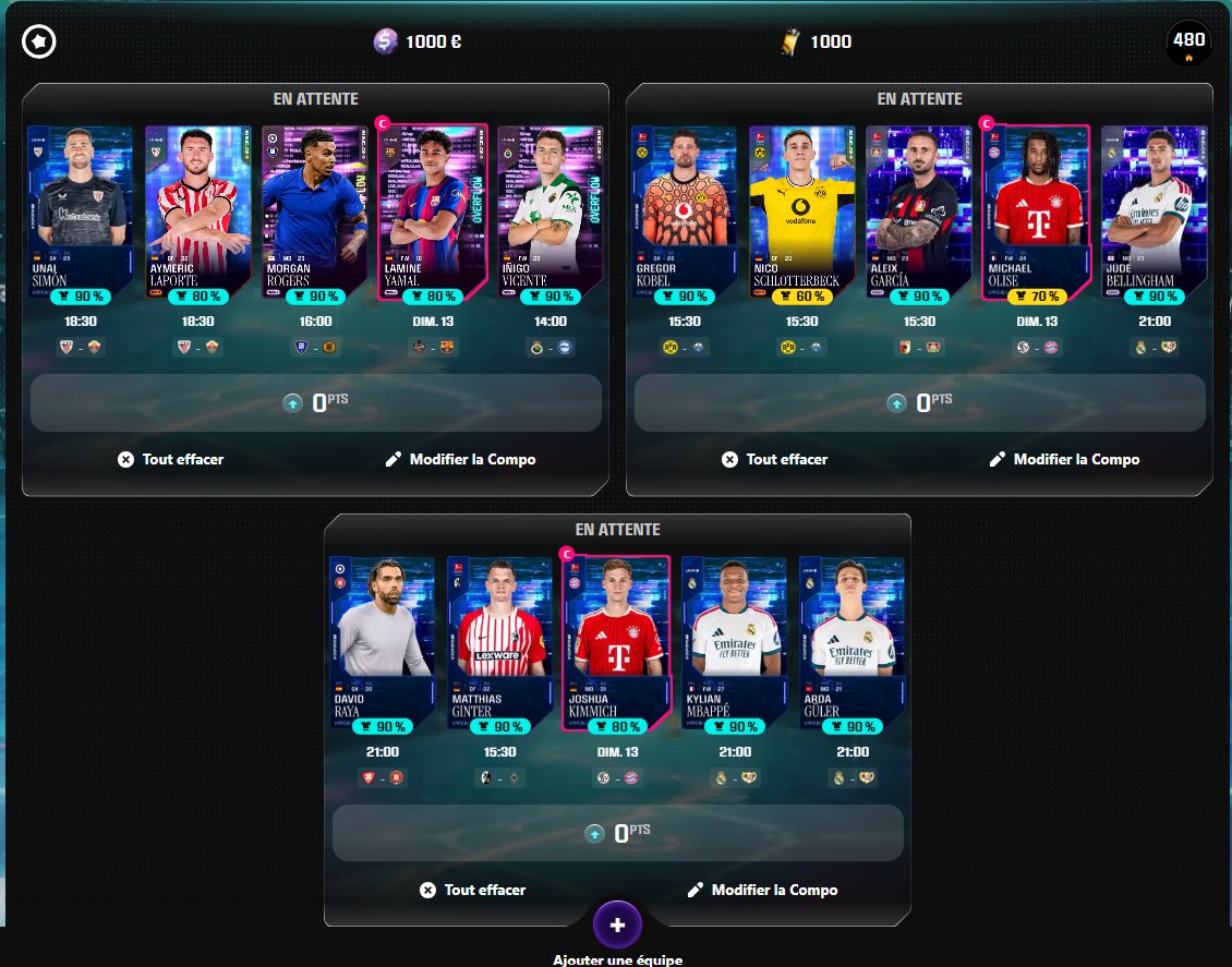Max_MD3's tweet photo. On tente ça pour le P6/1000€ sur #Sorare  #HyperGlitch 🔥💰

3 équipes le samedi avec un goat capitaine qui joue dimanche 🤞

La dernière vie sera pour dimanche en fonction des équipes toujours en vie. Vous auriez fait des changements ? J'ai presque tous les joueurs + des gros % https://t.co/i0Wr4gQEKV