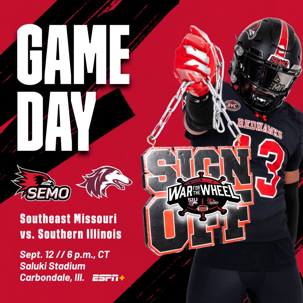 SEMOfootball's tweet photo. Southeast Missouri meets Southern Illinois in the War for the Wheel TONIGHT. Kickoff of the 94th meeting is set for 6 p.m., CT.
Watch: https://t.co/hN0tFF49Rf
Listen: https://t.co/OgLs2XFnk5
Live Stats: https://t.co/FXElvuSSTs https://t.co/YTIdqMcOyt