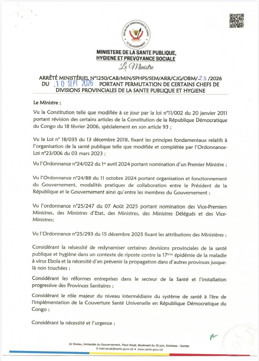 EchangeNet's tweet photo. Le Ministre de la Santé Publique, Hygiène et Prévoyance Sociale, Dr Samuel Roger Kamba Mulanda, a signé le 10 septembre 2026, l’Arrêté ministériel portant permutation de certains Chefs de Divisions Provinciales de la Santé Publique et Hygiène. https://t.co/DcgJ9Dtp8R