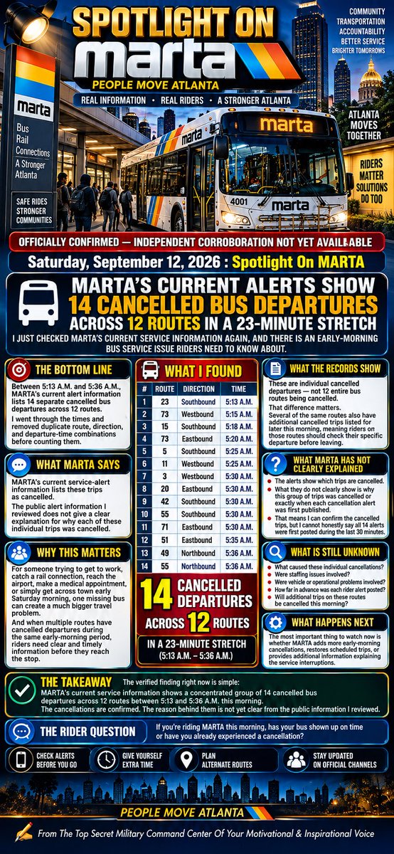 BrickCityGamer's tweet photo. Spotlight On MARTA: 14 Cancelled Bus Departures Across 12 Routes In Just 23 Minutes

#SpotlightOnMARTA #MARTA #MARTABus #MARTAAlerts #MARTAService #AtlantaTransit #AtlantaTransportation #AtlantaTraffic #MetroAtlanta #AtlantaNews #TransitNews #PublicTransportation #BusService https://t.co/LuoALclDgL