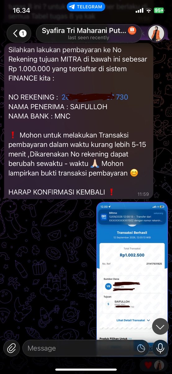 adavoes's tweet photo. Saya hubungi dan verifikasi. Kemudian, ia meminta melakukan tugas-tugas lain untuk mendapatkan komisi yang lebih besar. Saat di tugas ke 8, ia meminta untuk transfer sebesar 1.000.000 ke rekening atas nama Saifulloh (2x60 xxxx xxxx 730/ "emensi" BANK). Saya transfer. https://t.co/IBox59MABo