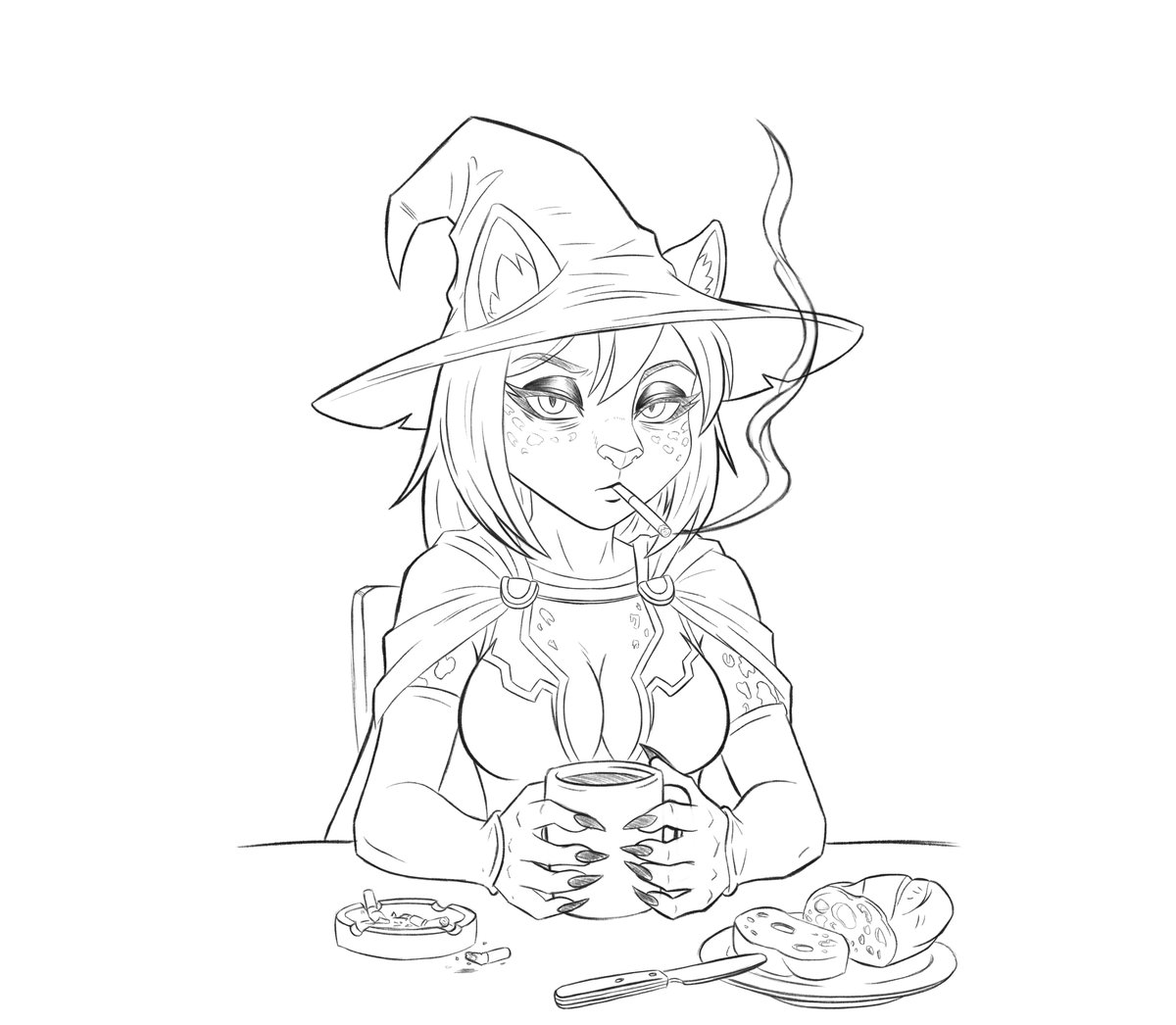 KainMetreon's tweet photo. Posting the drawings made while I thought I was going blind. 
My D&D Warlock Yuria the witch she likes to smoke.

Full of errors. My mentor would kill me for making these. 
They’re just fun sketches, not professional work. I’ll keep practicing until even the fun ones look cool and dynamic instead of safe and repetitive.

I still need to finish Neco Arc animation. 
Made progress but  still in production.