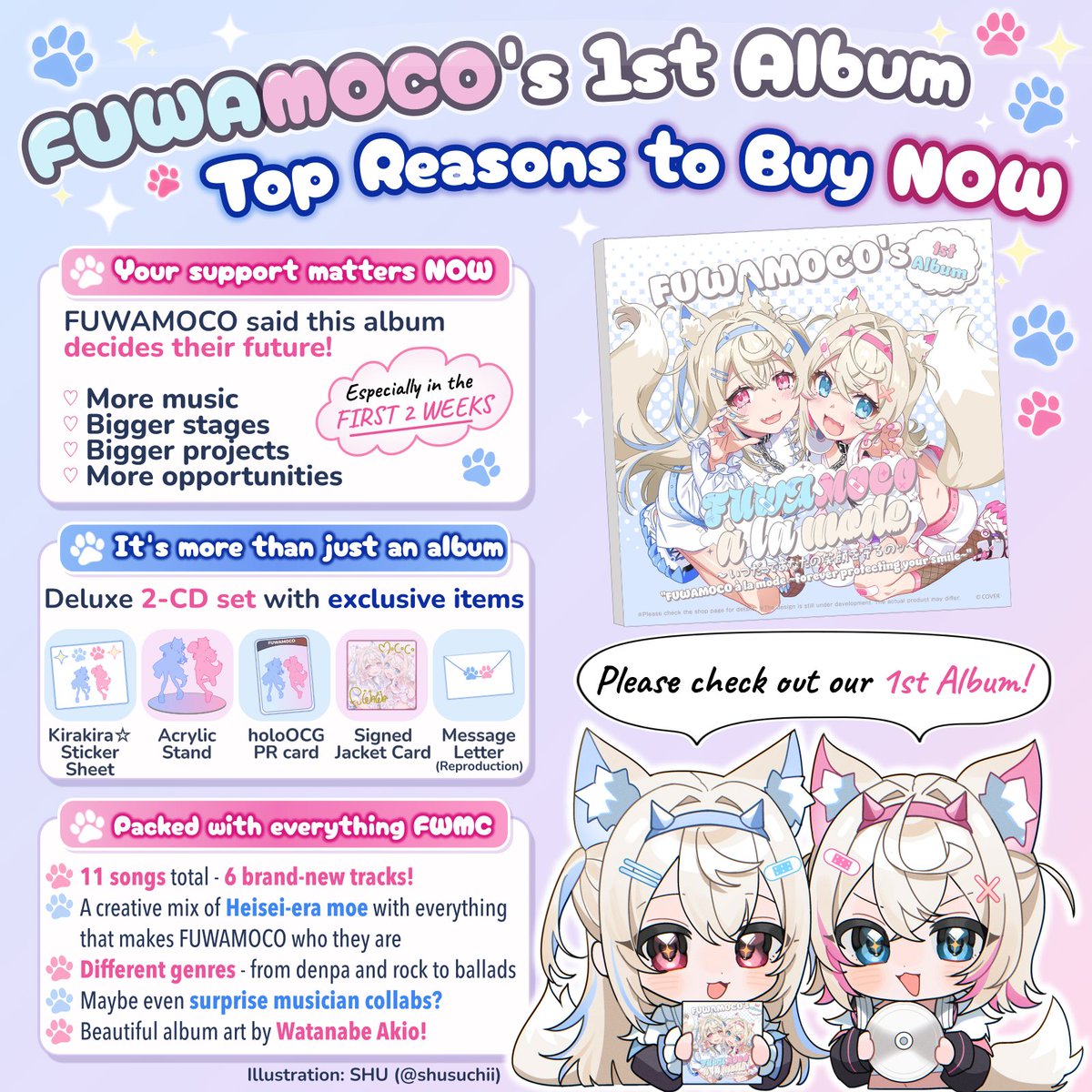 wgeneral_eric's tweet photo. Why buy #FUWAMOCO’s 1st Album? 💿✨

• A deluxe 2-CD set packed with new music + exclusive items
• 11 songs total / 6 brand-new tracks
• Every set includes a signed album jacket card

This is one of the biggest opportunities we’ve had yet to make our support count in a real, measurable way.

Today marks the end of the initial two-week period, but every single order still matters.

If you’ve been thinking about buying but haven’t yet, please consider placing your order today. 

BAU BAUー！！🐾🩵🩷

Pre-order link in replies ↓
