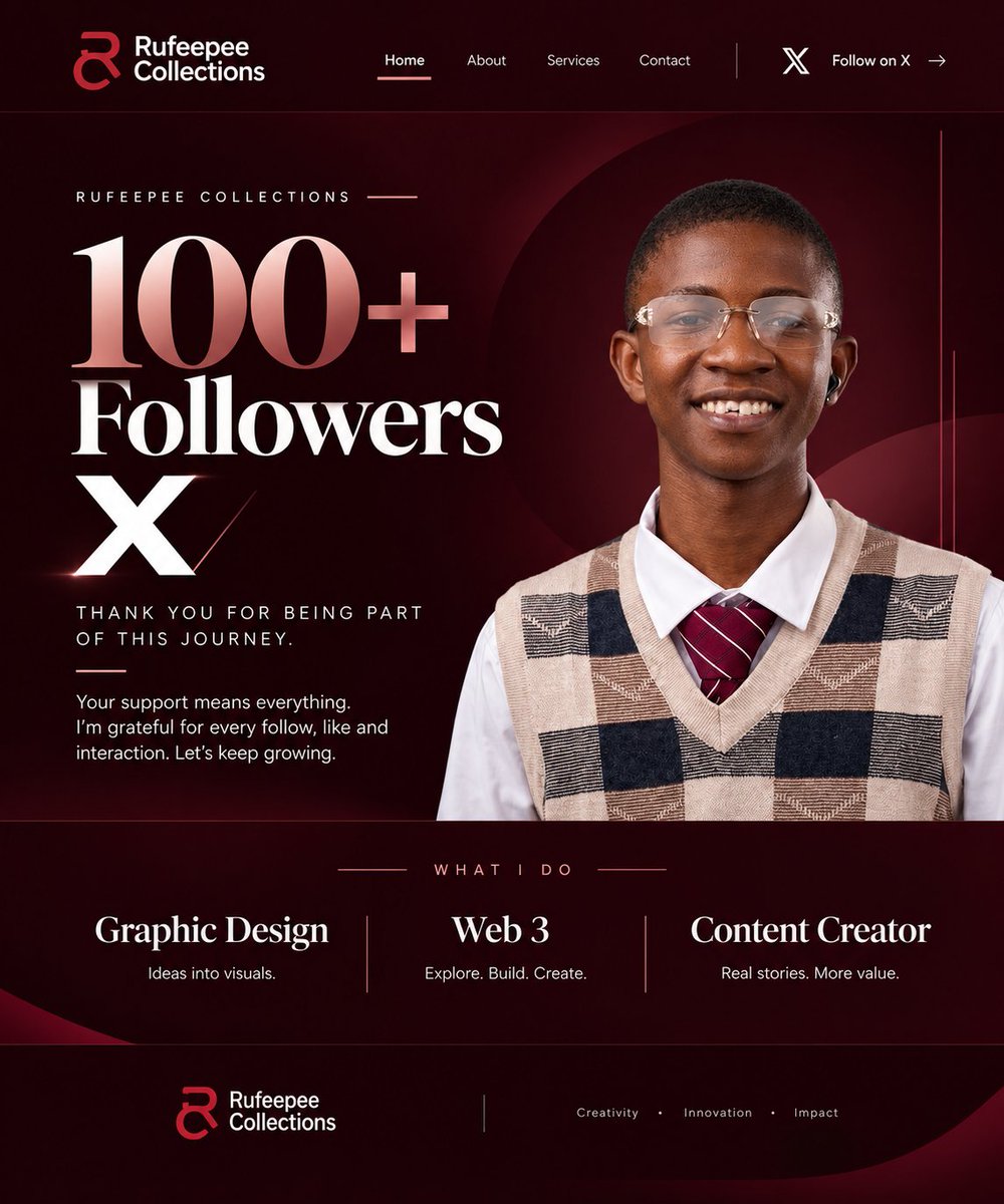 rufaipeter001's tweet photo. 100+ FOLLOWERS. THANK YOU.
100+ people chose to believe in the vision
Your support, engagement and every repost has turned that idea into a growing community.
We are just getting started.
#100Followers #RufeepeeCollections #BrandStrategist #IbadanDesigner #AAATriplemanía https://t.co/xbU0qwHkQB