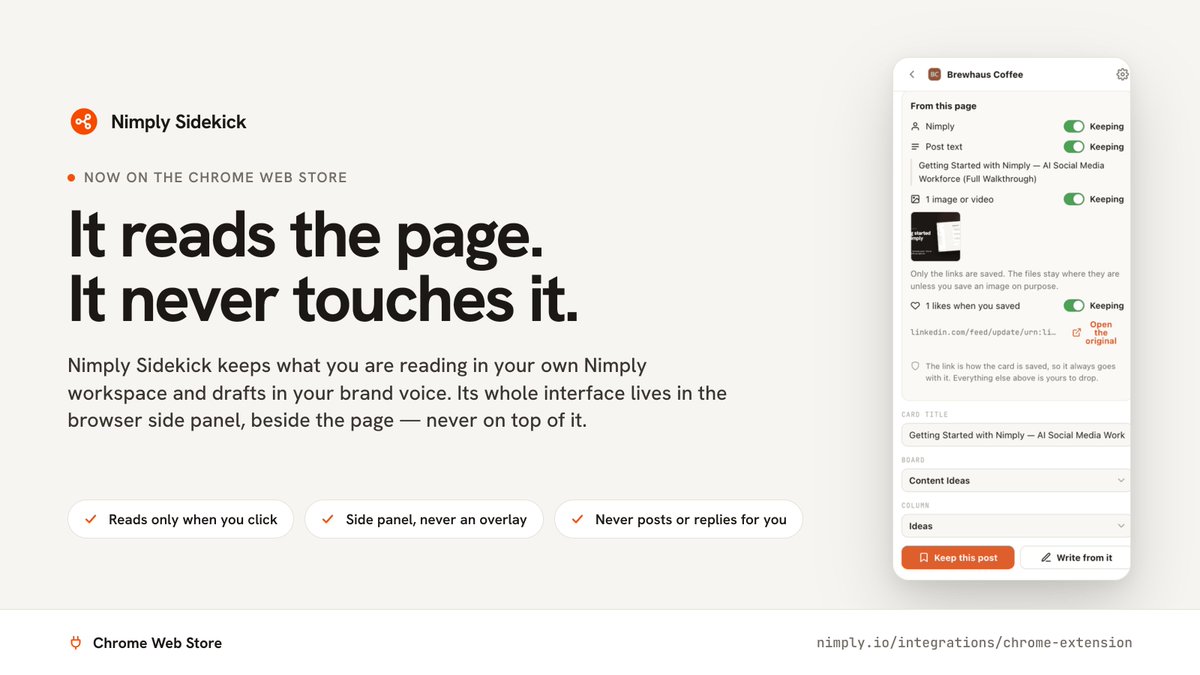 nimplyio's tweet photo. Nimply Sidekick is live on the Chrome Web Store.  It reads the page. It never touches it.  Keep any post in your workspace and draft in your brand voice. It never posts, likes, follows or replies for you.  https://t.co/aSrpoxGGek  Hashtags: #ChromeExtension #SocialMedia https://t.co/9ejXuAsgSO