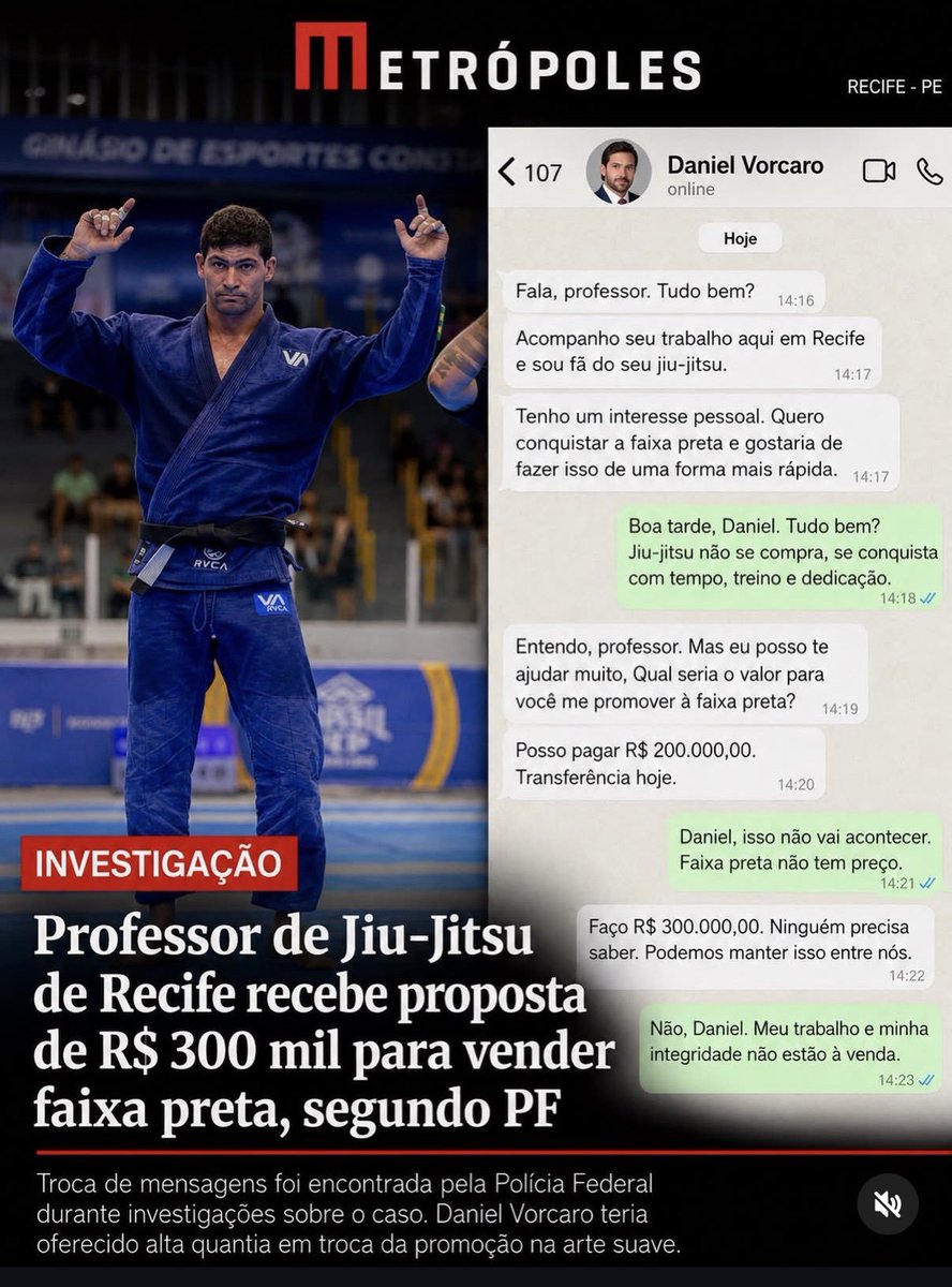 PrJopelim203's tweet photo. Integridade não tem preço. 

Daniel Vorcaro tentou comprar faixa preta de jiu-jitsu por R$300 mil, mas não conseguiu. 

Tem coisas que o dinheiro não compra. 

Parabéns ao professor. https://t.co/odnmpgdwV3