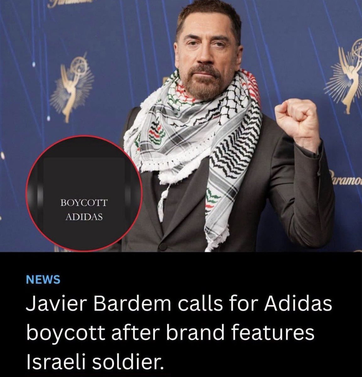 KrisztinaMaria's tweet photo. A man in a tailored suit raises his fist on a red carpet. Behind him, a Paramount logo. In front of him, photographers. That is what resistance costs in Hollywood. Nothing.

Javier Bardem wants the world to boycott Adidas. Not over anything Adidas made. Over who they put in an ad. His name is Shalev Biton. He is an Israeli veteran and he has one leg. He lost the other in May 2021, when an anti-tank missile fired out of Gaza hit his vehicle on the Israeli side of the border. He was the one who got hit. The campaign is called the Single Shoe Service. It exists so that people with one leg don't have to buy two shoes.

So that's the target. A man with one leg being sold one shoe.

Bardem said he had blood on his hands. About a man who was blown apart by the people Bardem is defending. Then he went back to the party, ate his dinner, and let the cameras do the rest.

Look at what he actually did. He picked a cripple. He picked the safest target in the building, the one nobody in that room would ever defend, and he called it courage. Nobody booed. No agent called. No role disappeared. He risked nothing and he knew it before he put his little scarf on.

Ask him to boycott China, where his industry rewrites its own films to get a release. Ask him about the Gulf money funding the festivals he walks. The fist drops in a second.

Then Adidas bent the neck. A company worth billions looked at an amputee in its own campaign, looked at the noise online, and picked the noise. Headquarters distanced itself from its own work and apologized for any offense caused. They threw a one-legged man under the bus to get through a weekend. WTF!?

Adidas doesn't have values. It has a volume meter. Whoever screams loudest owns the brand that week, and the rest of us get to watch a German company decide, again, which people are inconvenient to be seen with.