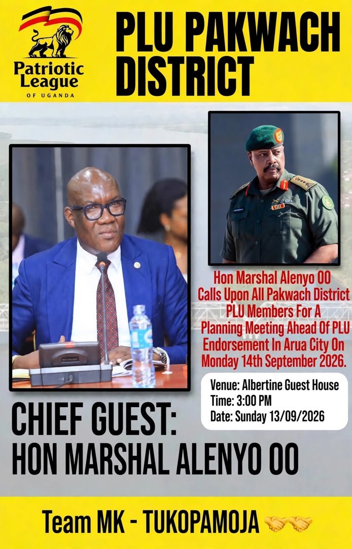 AmigoMoses's tweet photo. PLU CORDINATOR PAKWACH DISTRICT HON. @alenyo_marshall P.O 096  IS  CALLING  ALL PATRIOTS FOR A PLANNING MEETING AHEAD OF ARUA CITY MASSIVE ENDORSEMENT OF GEN. @mkainerugaba PRESIDENCY 2031. COME ONE COME ALL🙏🙏
@NRMOnline 
@PLUsecretariat 
@Plumedia1 
@HonTwallafadil https://t.co/N0sIhWzBEB