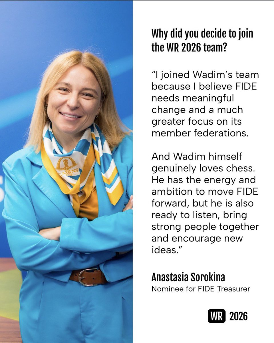 SorokinaChess's tweet photo. I think that FIDE needs meaningful change and I truly believe that with the @wr2026official team and @WadimRosenstein as President, it is the best path to changing the future of chess and putting the federations first. ✨♟️ https://t.co/480aD1gy8e
