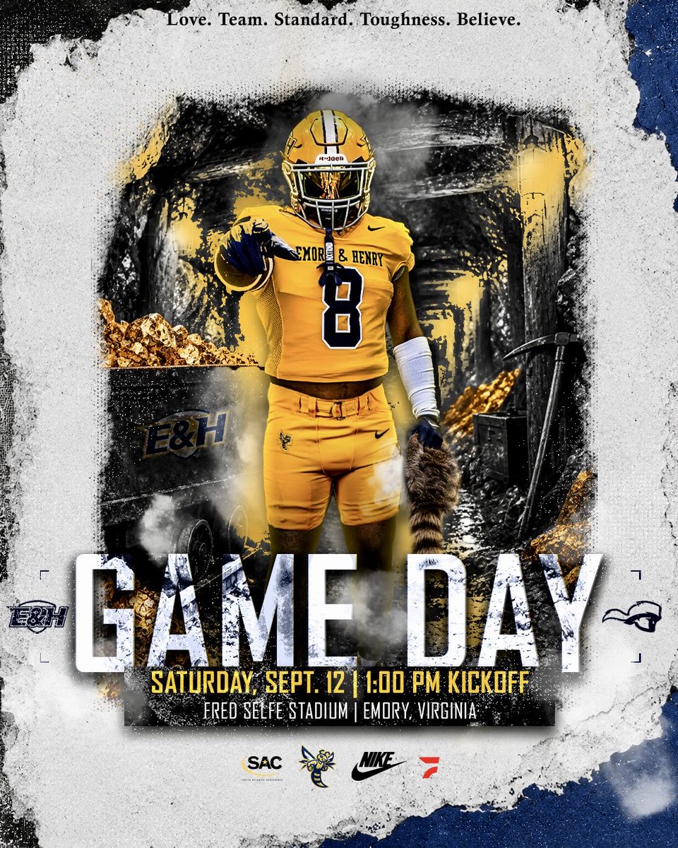 EmoryHenry_FB's tweet photo. 🔔 𝐆𝐀𝐌𝐄𝐃𝐀𝐘 🔔

𝘽𝙮 𝙖𝙣𝙮 𝙢𝙚𝙖𝙣𝙨 𝙣𝙚𝙘𝙚𝙨𝙨𝙖𝙧𝙮. 🧱🛣️

🏟️ Fred Selfe Stadium
🕐 1:00pm Kickoff
📺 https://t.co/g2dmFhknG9

#HardHatDefense 🚧 #Area26 🛸
#GoWasps #BlueCollarGoldStandard https://t.co/ouE0vclmHs