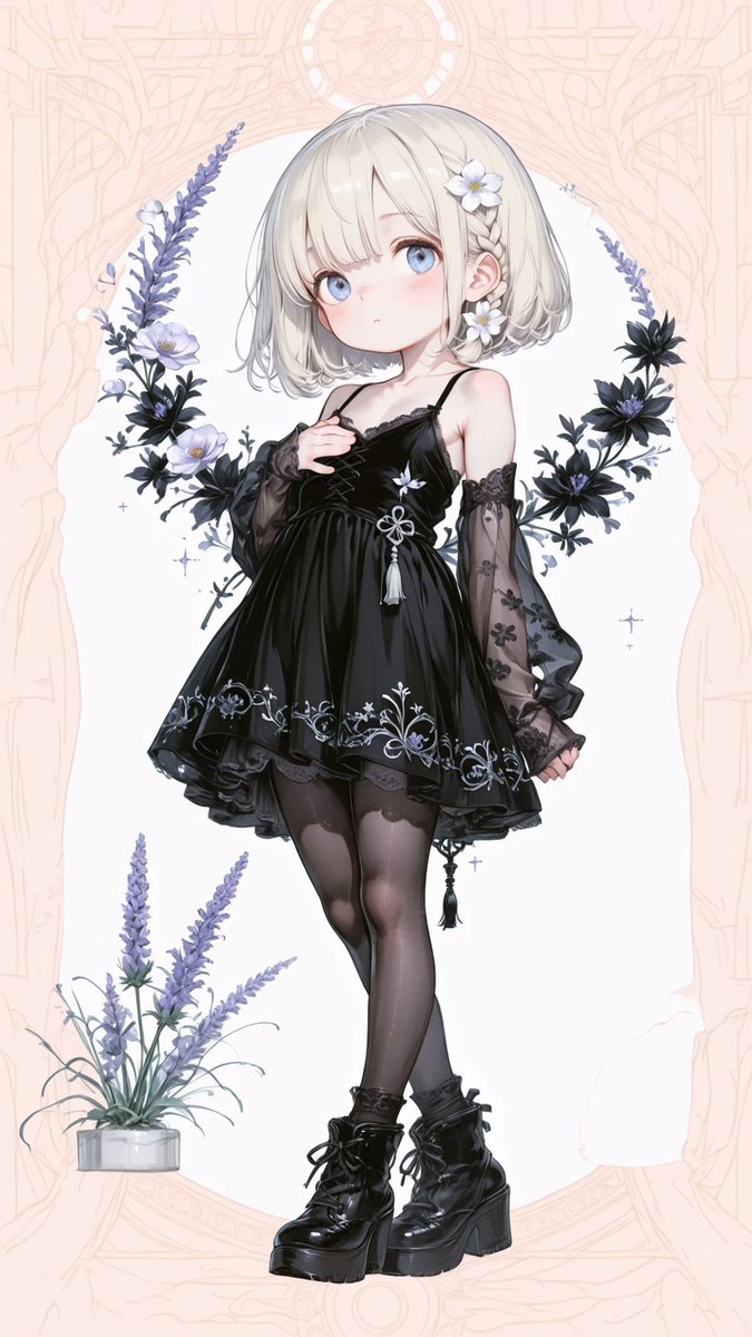 AliceLavli's tweet photo. レース袖とキャミワンピのコーデの衣装プロンプトをどうぞ✨
outfit only, strict garment structure, strict color placement, a two-piece autumn outfit consisting of a pale lavender lace top and a solid black camisole maxi dress, separate pale lavender floral-lace top worn underneath, high fitted mock neckline finished with a narrow gathered lace frill, long slim sleeves made entirely from the same fine floral lace, sleeves ending at the wrists with wide opaque pale-lavender cuffs, solid black camisole dress with two very thin straight black shoulder straps, high straight horizontal neckline covering the chest, simple rectangular fitted bodice, exactly two small black ornamental cord knot closures arranged vertically on the upper right side of the bodice, one narrow muted-lavender cord hanging from the lower closure and ending in a slim tassel, clean fitted natural waist seam, ankle-length A-line skirt, structured skirt formed by several broad deep vertical pleats beginning directly at the waist, moderate fullness without tiers, uninterrupted solid black fabric across the complete bodice and main skirt, narrow lavender piping encircling the lower skirt, one wide pale-lavender hem border woven with small repeating white jasmine-flower motifs, opaque medium-weight black fabric, black lace tights, black lace-up platform ankle boots, fair porcelain skin with a cool pale undertone