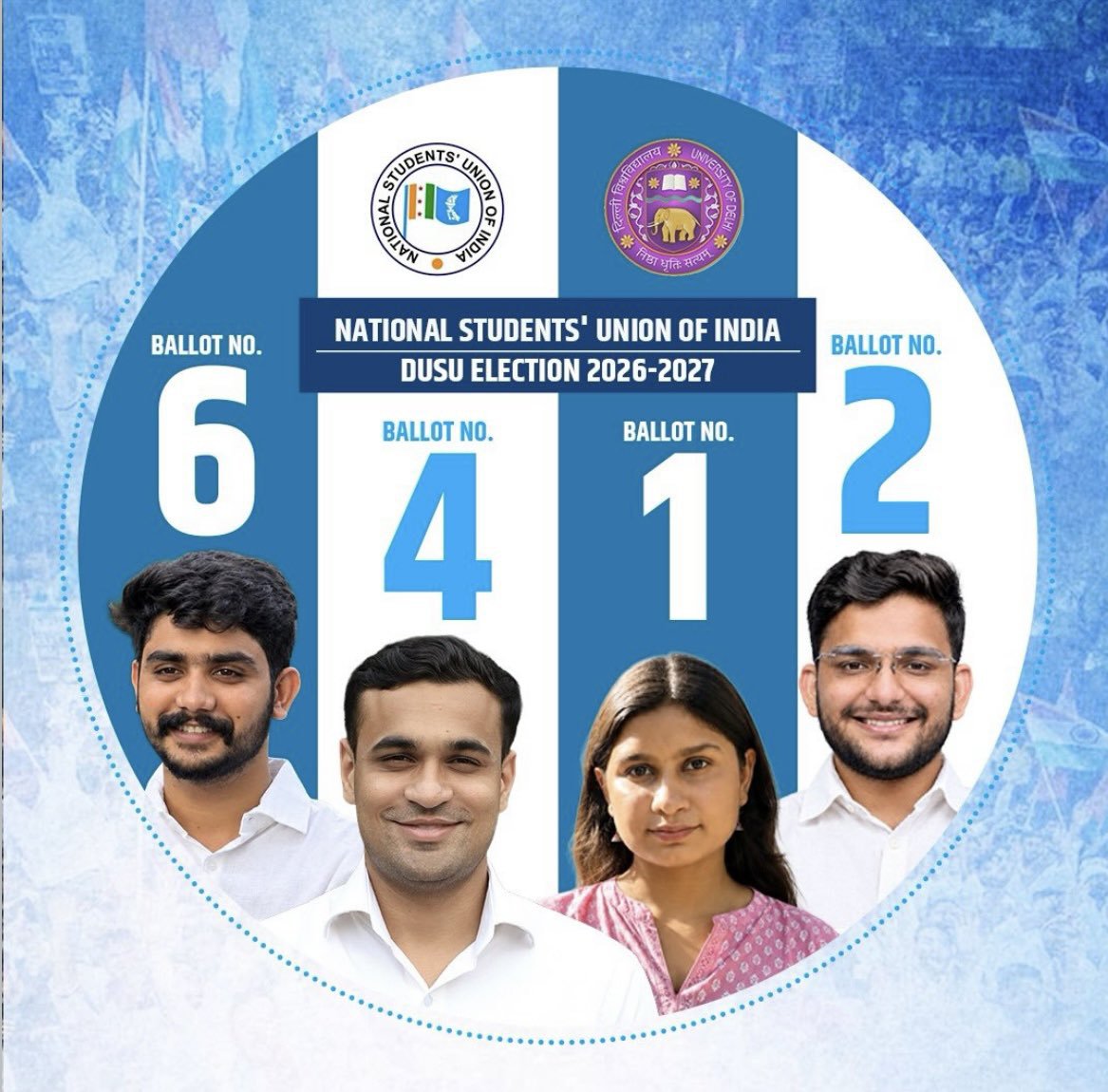 DUSUPOLITICS's tweet photo. दिल्ली विश्वविद्यालय छात्र संघ चुनाव2026 में @nsui ने इन चारों पर(6412) भरोसा जताया है। https://t.co/9Wau4tRs0e