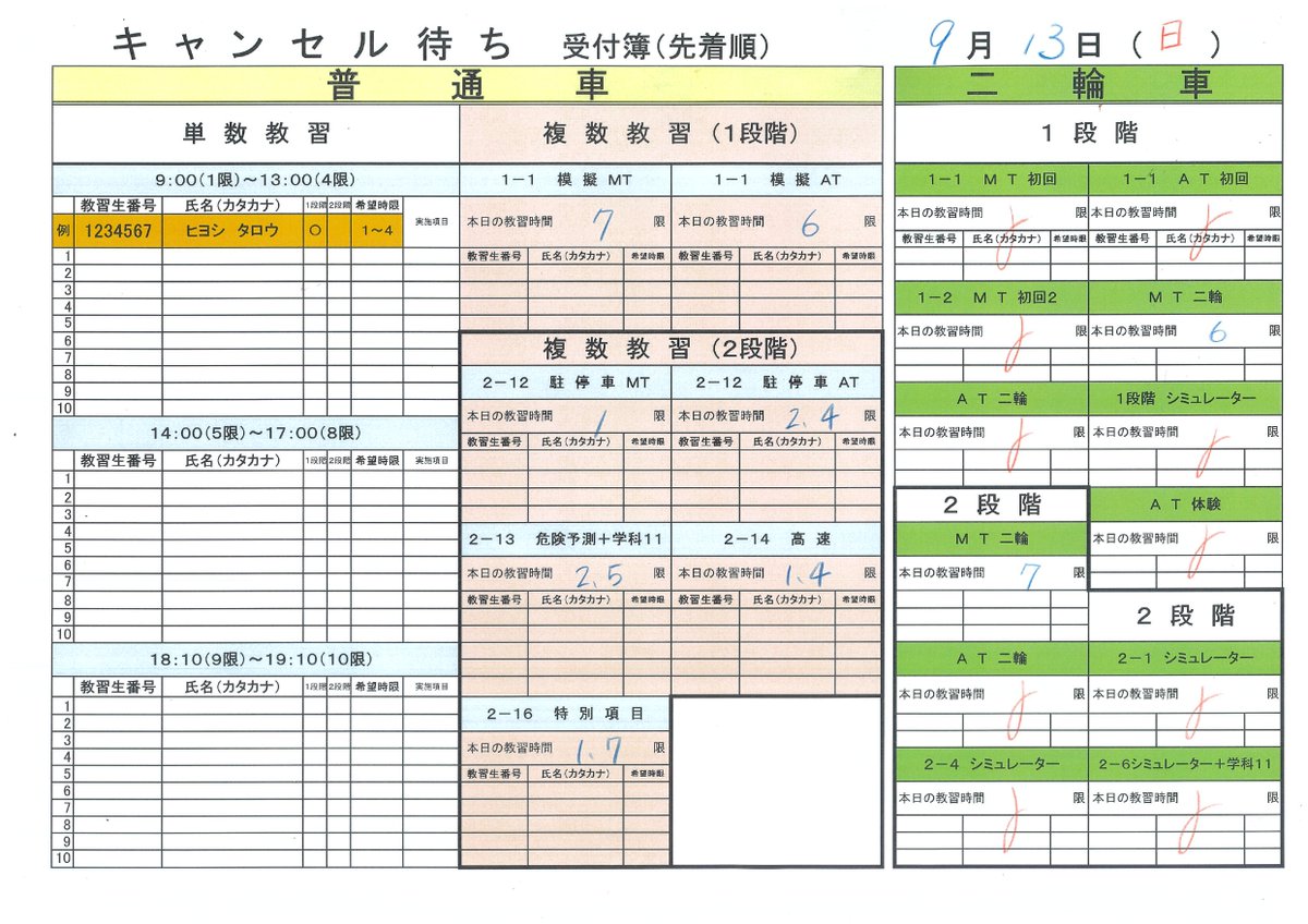 HiyoshiDriving's tweet photo. 9月13日(日)の模擬・複数、二輪教習のキャンセル待ち確認用紙を掲載します！

技能予約のキャンセルは、必ず前日営業時間内にお電話にてご連絡下さい！

 当日無断キャンセルは2,000円かかってしまいます。。
勿体ないですよ～( ;∀;) https://t.co/NYSWpz0sqR