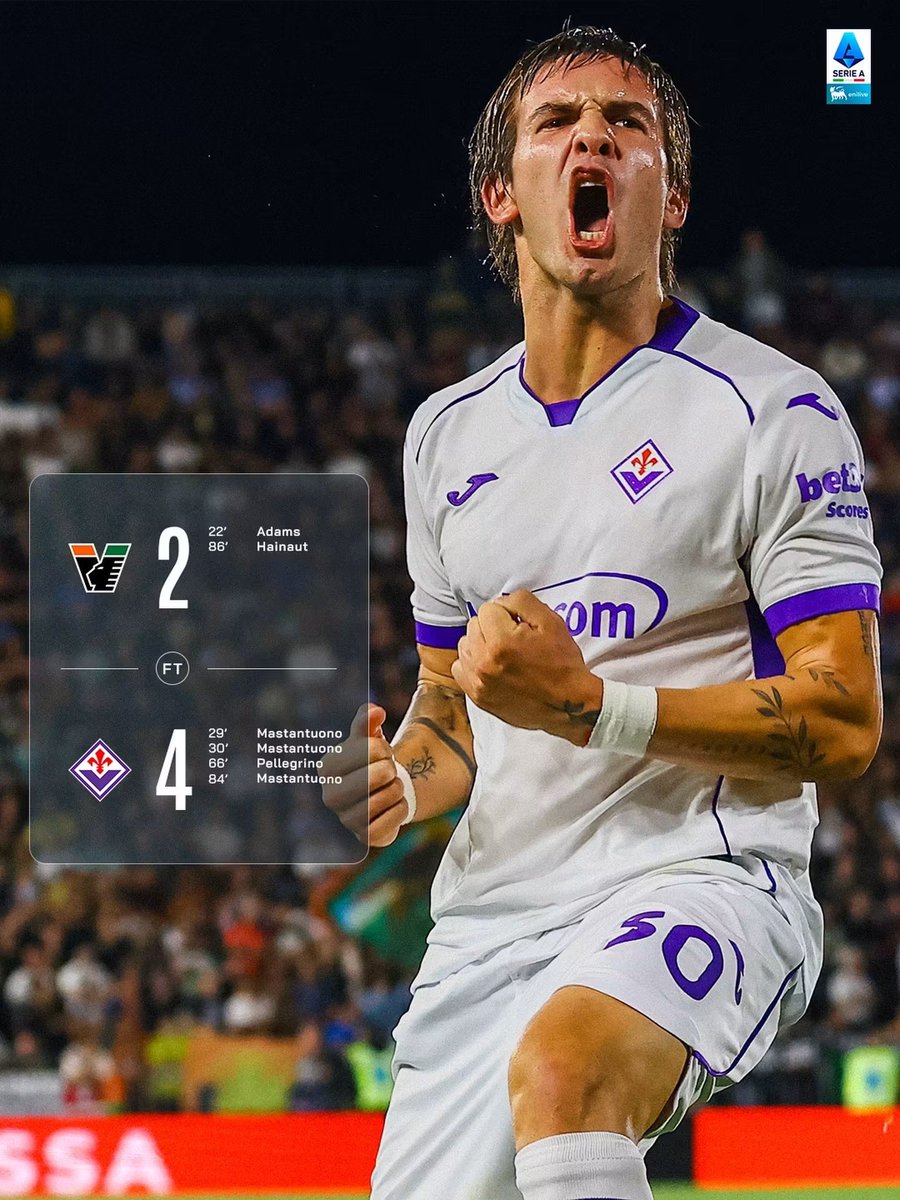 86Gason2344's tweet photo. Powrót #Vanoli jako trener #Fiorentina i pierwsze 3 punkty dla Violi ale trzeba zaznaczyć wielki wieczór dla #Mastantuono który stał się najmłodszym Argentyńczykiem który strzelił hat-tricka w TOP 5 lig. #wloskarobota https://t.co/qiZKmVq1Tc