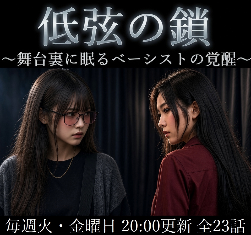 MEGANE_Kinusaki's tweet photo. 現在、第8話まで公開しています。

支えるだけの低音では、もう済まされない。

影のベーシストが、初めて牙を疼かせる回です。

序盤最大の対峙、お見逃しなく。

『低弦の鎖 ～舞台裏のベーシストの覚醒～』
https://t.co/h9EWE7ZTDP

#小説家になろう #narou #小説宣伝 #音楽小説 https://t.co/PU1GN1mpaS