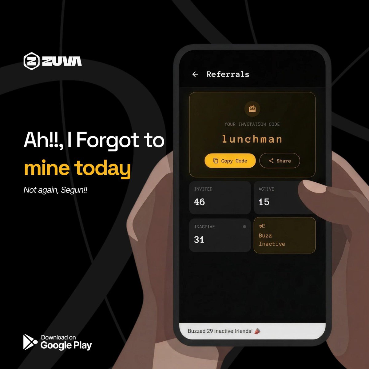 ZuvaNetwork's tweet photo. Segun registered on Zuva Network.

But between work, life, and everything happening around him, he kept forgetting to mine.

Until Zuva Network dropped the Inactive Miners Buzz.

A little reminder for Segun and everyone else who keeps saying “Ah, I forgot to mine today.” 😂

Now?

Segun doesn’t forget anymore.

He’s mining consistently, keeping his streak alive, and staying active on Zuva.

Sometimes, all you need is a little reminder to keep the streak going.

Don’t be like old Segun.

Mine. Keep your streak. Stay active on Zuva Network.