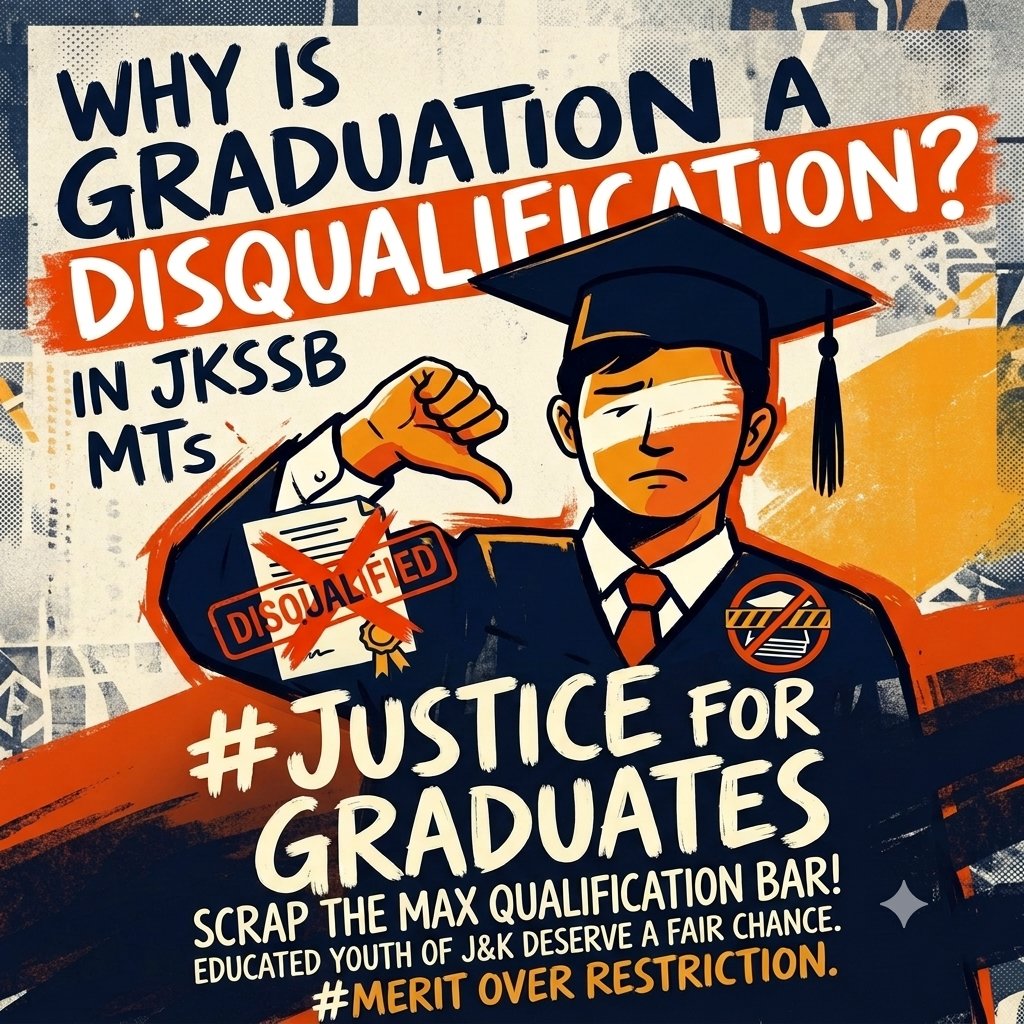 Bhairav2005's tweet photo. Why is graduation a disqualification in JKSSB MTS? @sakinaitoo @OmarAbdullah
Educated youth of J&amp;K deserve a fair chance. Scrap the max qualification bar. Merit over restriction.  #JusticeForGraduates #JKSSBMTS https://t.co/7Wfhm4PhoD