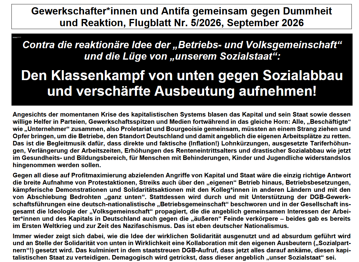 gewantifa1's tweet photo. Contra die reaktionäre Idee der „Betriebs- und Volksgemeinschaft“ und die Lüge von „unserem Sozialstaat“: Den Klassenkampf gegen Sozialabbau und verschärfte Ausbeutung aufnehmen! Die Überschrift sagt ja schon, worum es geht. #gewantifa #klassenkampf
https://t.co/dSoKrKTFJD https://t.co/n7rXABOiLA