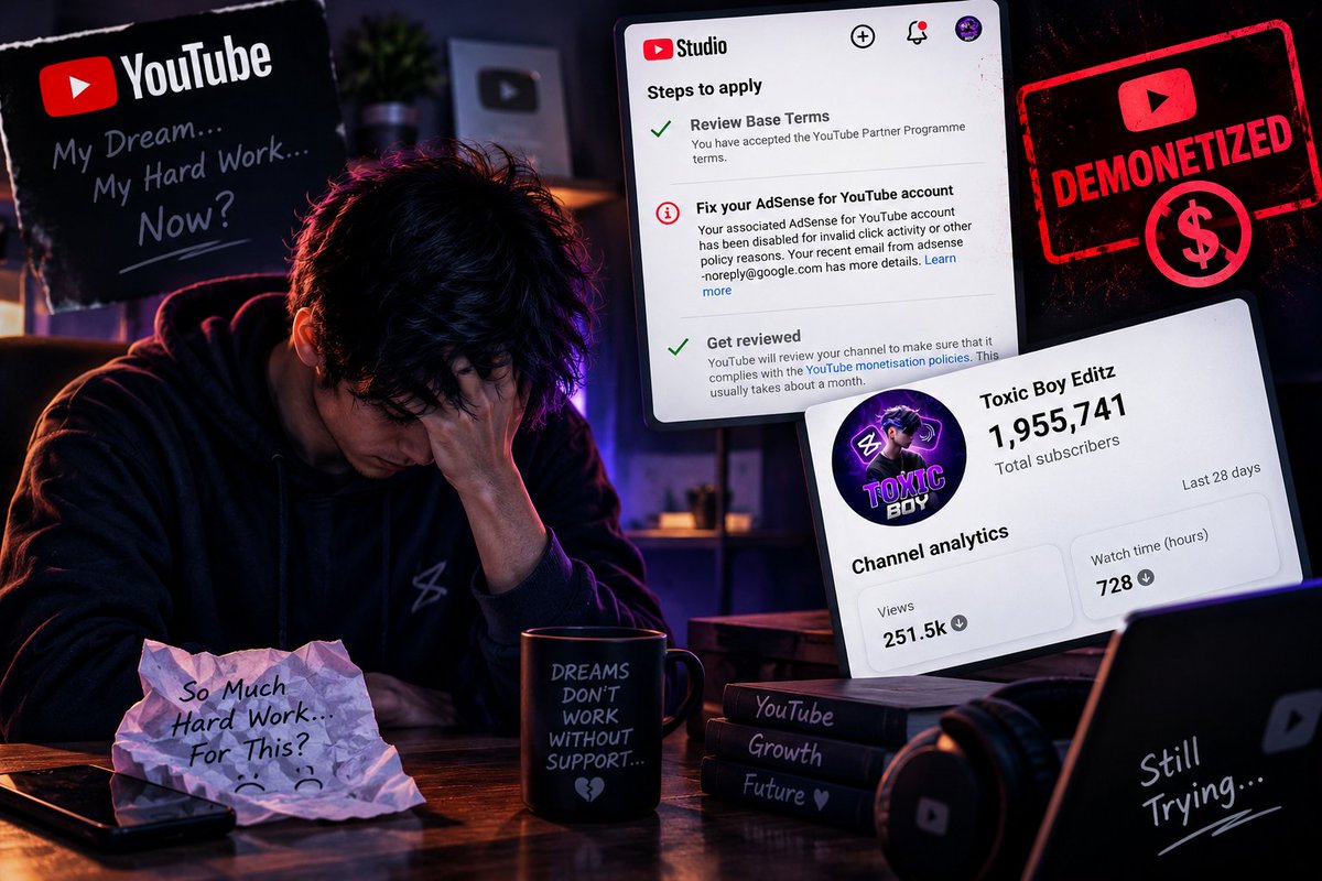 ToxicBoy313's tweet photo. Hi @YouTube @TeamYouTube

I’m reaching out with a sincere request for help regarding my YouTube channel Toxic Boy Editz, which has grown to 1.9 MILLION+ subscribers after nearly 2 years of continuous hard work, dedication, and effort.

Building this channel from the ground up was not easy. I invested countless hours, sacrificed personal time, and worked every day to build a community of millions of subscribers. Seeing all of that hard work suddenly affected by my disabled AdSense account and loss of monetization/earnings has been extremely heartbreaking. 💔

I completely respect YouTube’s policies and understand the importance of protecting the platform and advertisers. I’m only requesting that my case be reviewed carefully and manually once again.

Please, YouTube Team, if possible, help me restore my monetization and earnings, reactivate/recover my previous AdSense account if I’m eligible, or provide me with an option to legitimately link a new AdSense account in accordance with YouTube/Google policies.

I’m not asking for special treatment — I’m asking for a fair opportunity to continue the work I spent two years building. 🙏

1.9M subscribers represent years of dreams, effort, and a community that I don’t want to lose.

Please take another look at my case. I would genuinely appreciate any help or guidance from the YouTube Team. ❤️‍🩹

@YouTube @TeamYouTube #YouTube #AdSense #YouTubeSupport #Monetization

“Please don’t let two years of hard work become just a number in my analytics. Give me one more chance to rebuild and continue.” ❤️‍🩹