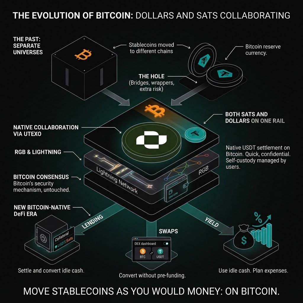 TheBoy02020's tweet photo. Lending, swaps, and yield are dollars and sats, at last collaborating on Bitcoin.

USDT and Bitcoin stayed in different universes for years. Stablecoins were moved to different chains. Bitcoin remained the reserve currency. The hole was filled by bridges, wrappers, and extra risk. That separation is narrowing.

Native USDT settlement comes to Bitcoin via Utexo using RGB and Lightning. Payments are quick and confidential. Expenses can be planned in advance. Users manage self-custody. Leave Bitcoin's security mechanism alone.

That very stack now handles more than only basic transfers. With both USDT and sats on one rail, lending, swaps, and yield become feasible. Wallets, exchanges, and payment companies may settle, convert, and use idle cash without pre-funding or public transaction graphs.

USDT was born on Bitcoin. Usable infrastructure was the missing component. Native sats and private dollars coexist on the same network influences the operation of DeFi and settlement.

Move stablecoins as you would money: on Bitcoin.

@utexocom @Utexoasia @RGB_Hub