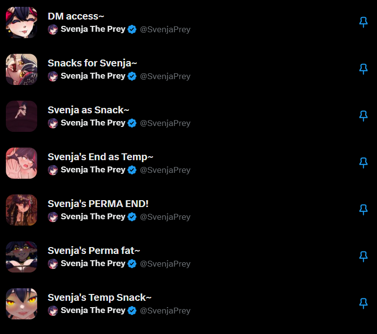 SvenjaPrey's tweet photo. So, since there is a new account here, I have to fill new lists~
Don't worry, if I consider you more of a SNACK, this is an invitation for the @Svenja_Vore account~ (Except you want it here~)

♥️+ 🔁= Random List~ 
💬 = Choose you list's~ 

#Vore | #VoreRP | #ProfilePlay | #Permavore | #Tempvore | #OralVore | #AnalVore | #Cockvore | #ERP | #NsfwRP | #LewdRP