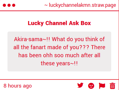 Lucky_ChannelMN's tweet photo. [ ~ https://t.co/WregTaSDDm ~ ]

Thank you for your question!! I'm certain Akira-Sama loves every piece of fanart made of her!!
Well, as for me, i have my own fanarts of Akira-Sama that i like as well, this one being my favorite! Pretty sure Akira-Sama would disagree. Haha! https://t.co/BI8S1xPjuv