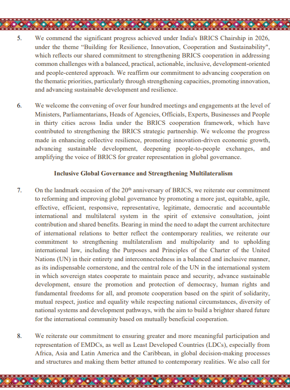 ANI's tweet photo. BRICS New Delhi Declaration | We reaffirm our commitment to the BRICS spirit of mutual respect and understanding, sovereign equality, solidarity, democracy, openness, inclusiveness, collaboration and consensus. Building on two decades of BRICS, we further commit ourselves to strengthening cooperation in the expanded BRICS under the three pillars of political and security, economic and financial, cultural and people-to-people cooperation, and to enhancing our strategic partnership for the benefit of our people through the promotion of peace, a more representative, fairer international order, a reinvigorated and reformed multilateral system, sustainable development and inclusive growth.

We commend India for hosting the Outreach/BRICS Plus Dialogue segment of the 18th BRICS Summit, which injects new impetus to strengthen international cooperation and solidarity.