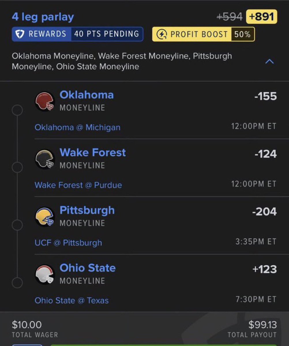jade_mitchell00's tweet photo. 🏈 Pat Pack – 4 Leg Edition | Sept. 12
🔹 Oklahoma ML (-155)
🔹 Wake Forest ML (-124)
🔹 Pitt ML (-204)
🔹 Ohio St ML (+123)
📈 50% Boost | +891 Odds
#GamblingX #BettingX #CFBpicks https://t.co/0EwwtYXfxm