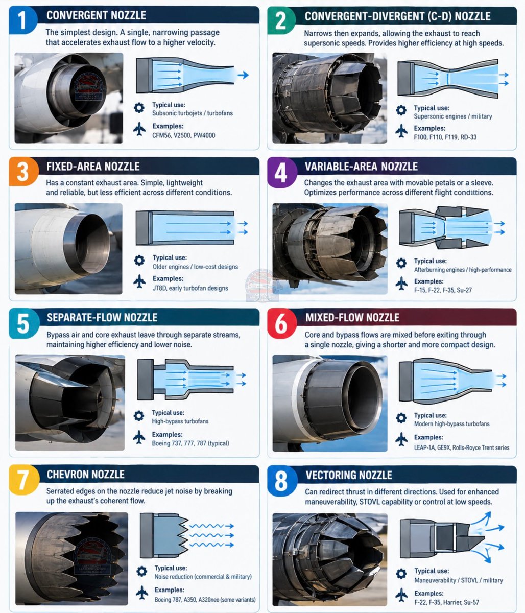 airmainengineer's tweet photo. ✈️ Aircraft Engine Exhaust Options

1️⃣Convergent nozzle: Common on subsonic turbojets/turbofans; accelerates exhaust flow.

2️⃣Convergent-divergent (C-D) nozzle: Used where supersonic exhaust performance is needed, especially military engines.

3️⃣Fixed-area nozzle: Simple, lightweight design with a fixed exhaust area.

4️⃣Variable-area nozzle: Changes exhaust area depending on engine operating conditions; common on afterburning engines.

5️⃣Separate-flow nozzle: Bypass air and core exhaust leave through separate streams.

6️⃣Mixed-flow nozzle: Core and bypass flows are mixed before exiting through a common nozzle.

7️⃣Chevron nozzle: Serrated nozzle edges designed primarily to reduce jet noise.

8️⃣Vectoring nozzle: Can redirect thrust, enabling enhanced maneuverability or STOVL capability.

Which one is your favourite?🤔✈️