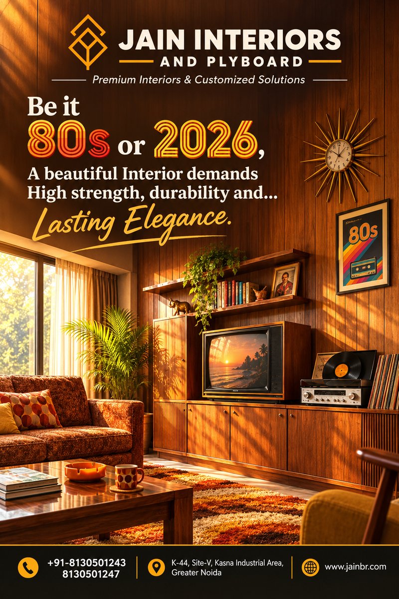 JainInteriors's tweet photo. Be it the ’80s or 2026 — great interiors never go out of style.

Strength. Durability. Timeless elegance. ✨

Jain Interiors &amp; Plyboard — Premium Interiors &amp; Customized Solutions.

#JainInteriors #InteriorDesign #Plywood #LastingElegance #GreaterNoida https://t.co/Xbsw0fKv4G