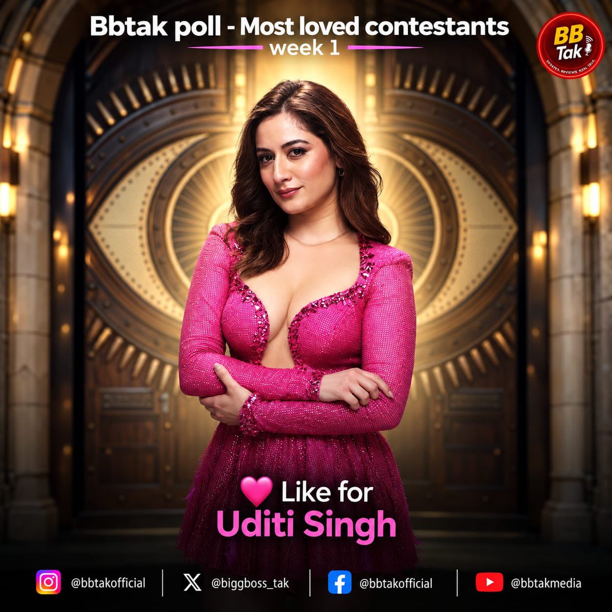 BiggBoss_Tak's tweet photo. 🚨 Biggest & Most Authentic #BBTak Poll - #BB20 Week-1🚨

❤️ Like this post if you're supporting #UditiSingh in #BiggBoss20 

🗳️ Poll ends tomorrow (Sunday) at 8:00 PM.

📌 Note: #BBTak Poll results are based on the total number of likes received on contestants' posts across our Instagram, X (Twitter) & Facebook pages.

🔗 Insta: https://t.co/vbWutvfnFa

🔗 Facebook: https://t.co/MjUxyuobYS

#BB20WithBBTak