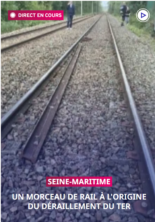FredGaulois's tweet photo. Un morceau de rail a été déposé sur la voie ferrée, il est à l'origine du déraillement du train en Seine-Maritime qui a fait 44 blessés dont une jeune dans un état grave.
C'est bien un attentat et non un simple acte de malveillance.
L'objectif est de tuer! 
On se doute bien qui peut faire un tel acte odieux!