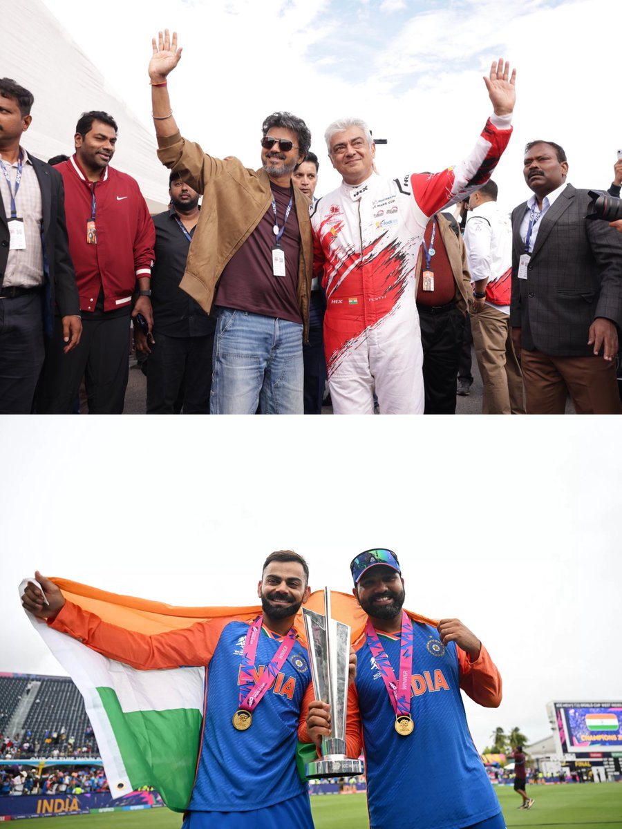 TharunVkl's tweet photo. Two iconic pairs, one unforgettable feeling of pride! From the world of cinema to the spirit of cricket, these moments celebrate friendship, passion, and excellence. Different fields, same legacy making India proud and inspiring millions🇮🇳🔥🏆
#ThalaThalapathy
#ViratRohit https://t.co/eSf1SpmQvC