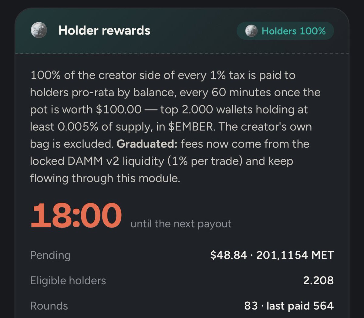 EmberCatEmber's tweet photo. Once again, big thanks to @embercurve 

After a few rounds of back-and-forth and discussions around how the EmberCat payout system should work, we’ve finally landed on the setup:

Eligible for payouts:
• Top 2,000 wallets
• Minimum 0.005% of supply held (50K tokens)

Distribution:
• Payouts every 60 minutes ⏱️
• Pot gets distributed once it hits a minimum of $100
• Rewards distributed pro-rata based on wallet balance

The first cat of Ember is now officially all set. 🔥🐱