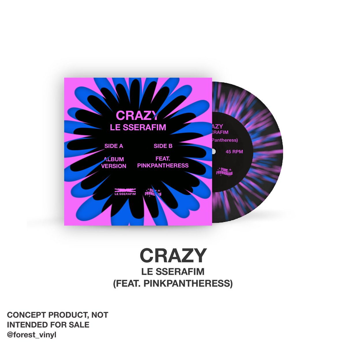 forest_vinyl's tweet photo. LE SSERAFIM - CRAZY 🚨⚡️
+ Feat. PinkPantheress 🐈‍⬛
Pressed on black w/ pink &amp; blue splatter 7” vinyl
@le_sserafim @pinkpantheress2 
#lesserafim #lsrfmcrazy #pinkpantheress #kpop #vinyl #vinylconcept https://t.co/Qd8nLM98Ib