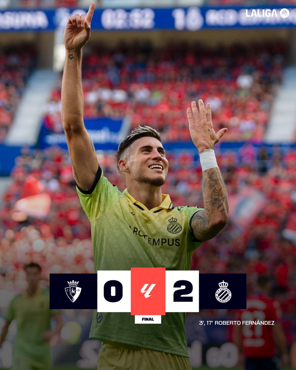 LaLiga's tweet photo. FINAL #OsasunaEspanyol 0-2

💙 ¡El doblete de @robert10fj hace que el @RCDEspanyol logre su primera victoria fuera de casa esta temporada en #LALIGAEASPORTS! https://t.co/0PXIbNZ7FB