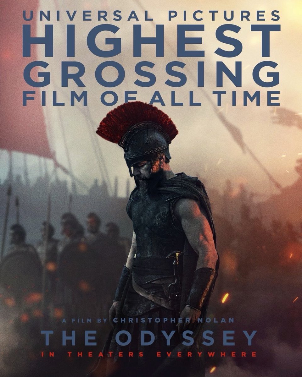 UniversalPics's tweet photo. Christopher Nolan's The Odyssey is Universal Pictures’ highest-grossing film of all time. Get tickets now to experience it in theaters everywhere. https://t.co/wkNmU6gCfF