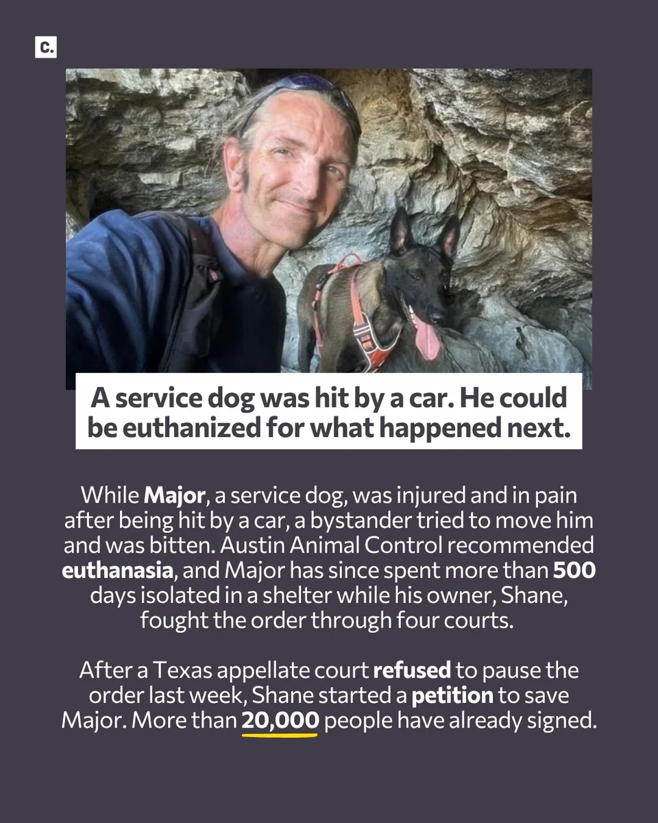 A man with his dog in a rocky area, text overlay about a service dog possibly being euthanized.