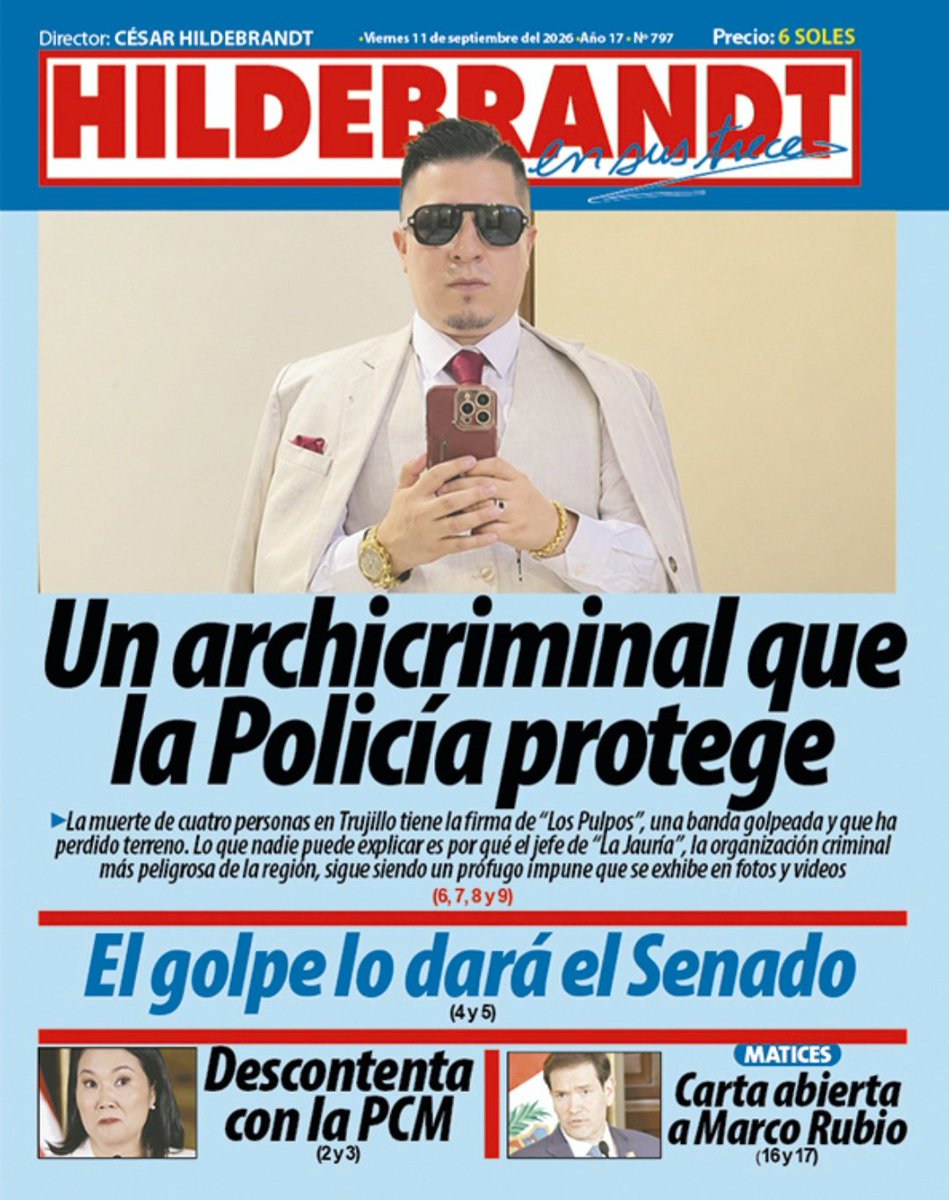 ensustrece's tweet photo. En #Hildebrandt @ensustrece: EL ARCHICRIMINAL QUE LA POLICÍA PROTEGE por @mecozam y @brunoamoretti_ . La muerte de cuatro personas en Trujillo tiene la firma de “Los Pulpos”, una banda golpeada y que ha perdido terreno. Lo que nadie puede explicar es por qué el jefe de “La Jauría”, la organización criminal más peligrosa de la región, sigue siendo un prófugo impune que se exhibe en fotos y videos. El reportaje en https://t.co/Yd2EU1qlZG.