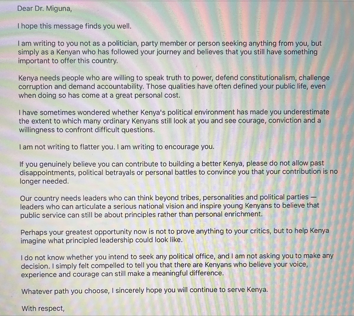 MigunaMiguna's tweet photo. This is to express my gratitude to this Kenyan patriot for the message of solidarity. The struggle will and must continue. Viva! https://t.co/hfhA4KSA6A