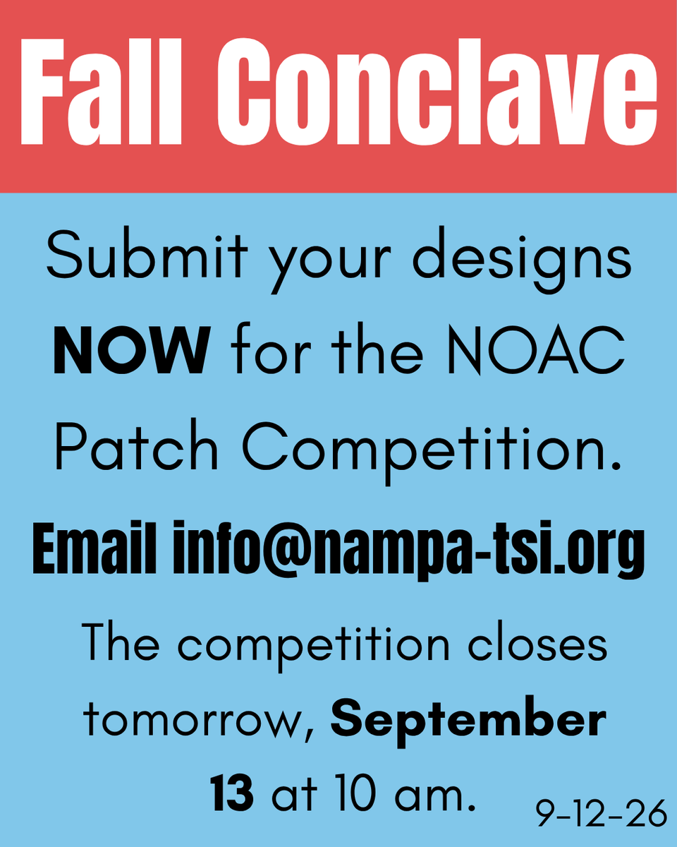 nampatsi216's tweet photo. Make sure to send in your patch designs now, before the competition closes at 10 am on Sunday, September 13. Results will be announced shortly after the 13th.

@worldscouting @boyscouts @oascouting @oagateway @oasectiong6 @GRC_Scouting @nampatsi216 https://t.co/FbIOQvVS0h
