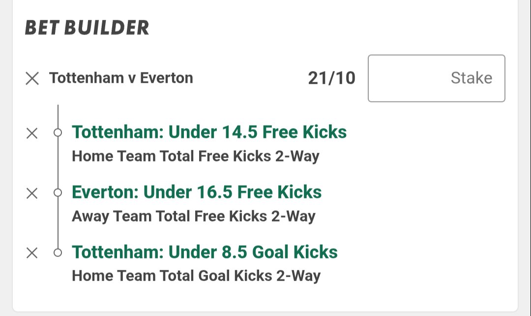 Arcey1980's tweet photo. Two betbuilders for the Tottenham v Everton game. One covering a few angles with another specialised on just three. Have staked both as 1.5pts on the 21/10 and 1pt on 15/4. https://t.co/68zQbgjkOh